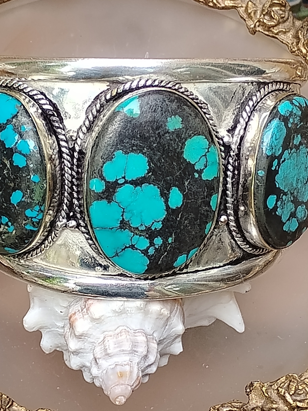 Unique Vintage Turquoise and Black Stone Silver Cuff Bracelet